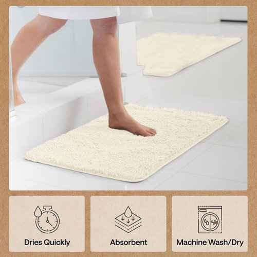 GORILLA GRIP Bath Rug Mat - Soft Absorbent Chenille with Quick Dry Microfiber | 24x17 Inches, Ivory