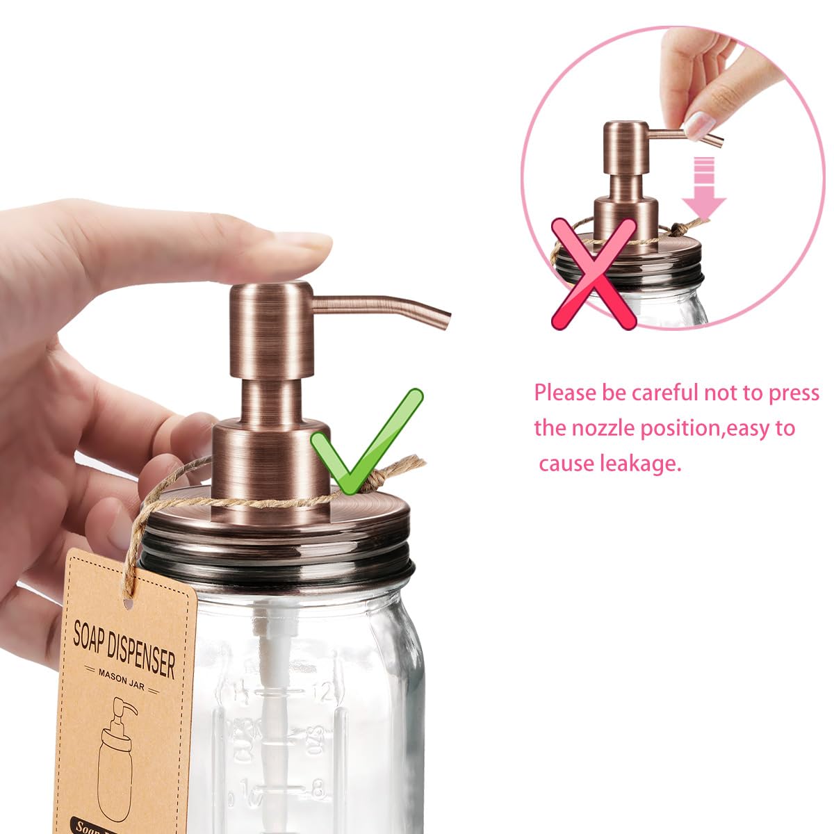 Amolliar Mason Jar Liquid Soap Dispenser, 16OZ Glass Countertop Lotion Dispenser Bottle, Farmhouse Decor for Kitchen, Bathroom, Refillable Dispenser for Hand Soap, Dish Soap, Lotion Soap, Copper 2Pack