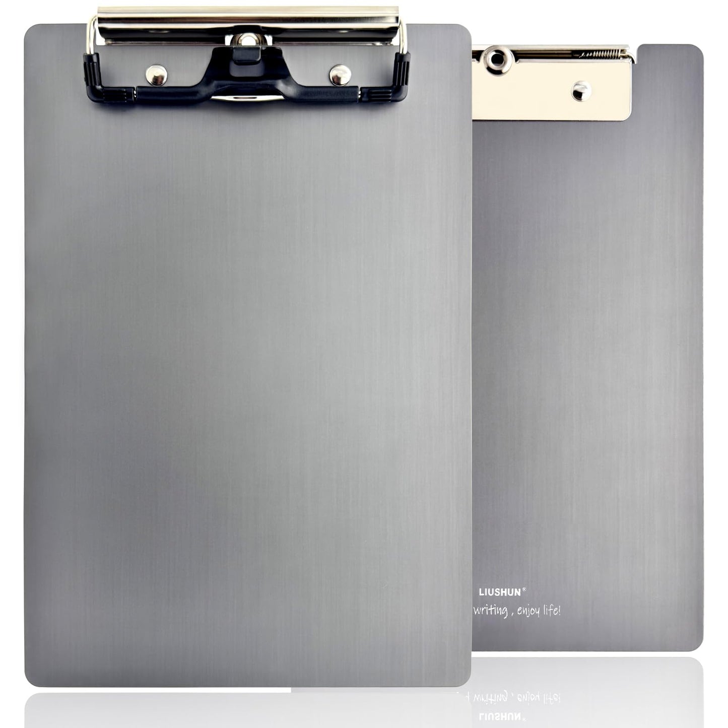 Small Aluminum Clipboard Metal A5 w/Stainless Hangable Pen Holder Low Profile Clip Board 9" x 6" Memo Message Half Letter for School Office Business Medical Workshop Factory Supplies (Grey, A5)