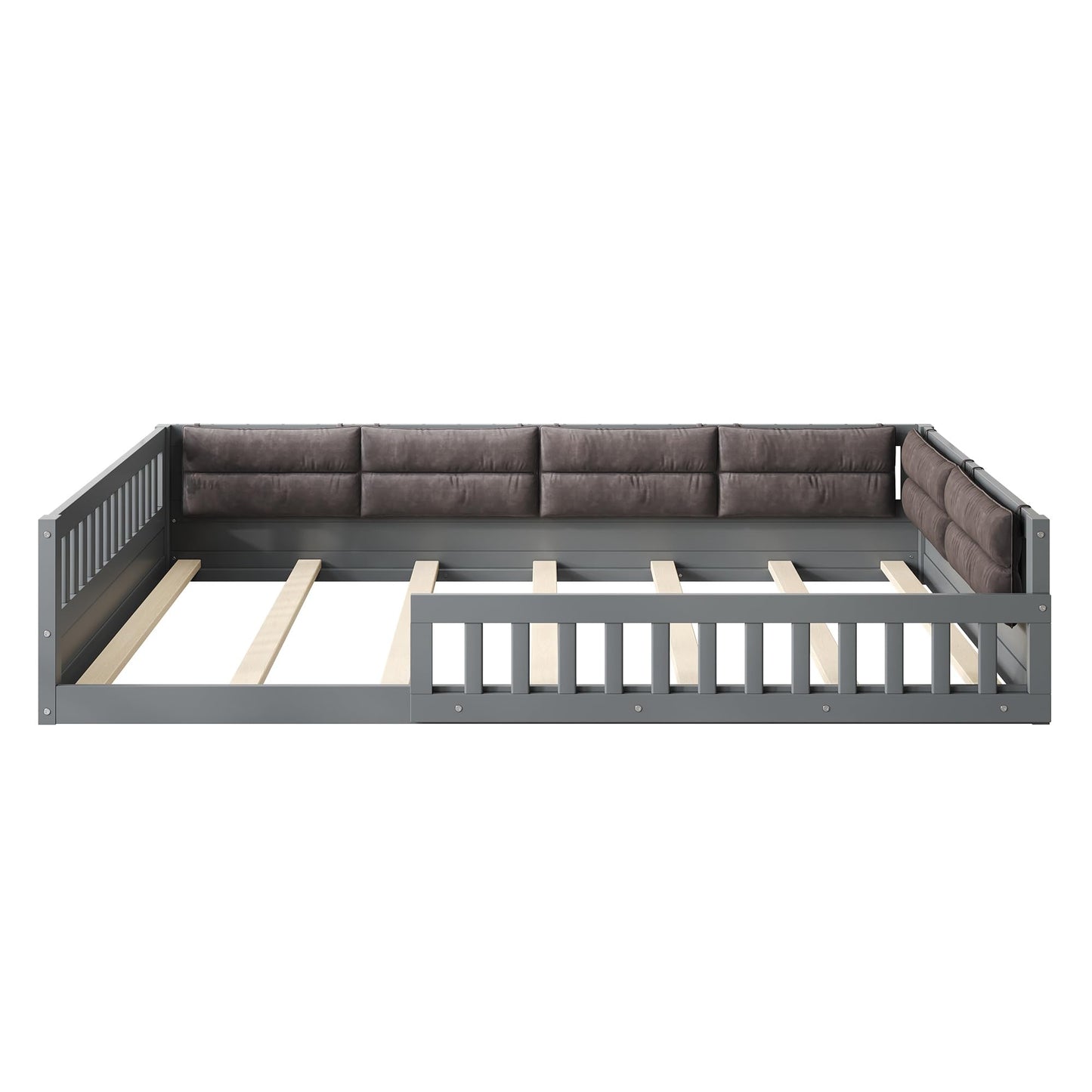 Merax Full Size Upholstered Platform Bed with Guardrail & Pillow, Solid Pine Wood Bed Frame, No Box Spring Needed, 600 lbs Capacity Safety Guaranteed Easy to Assemble for Bedroom, Gray