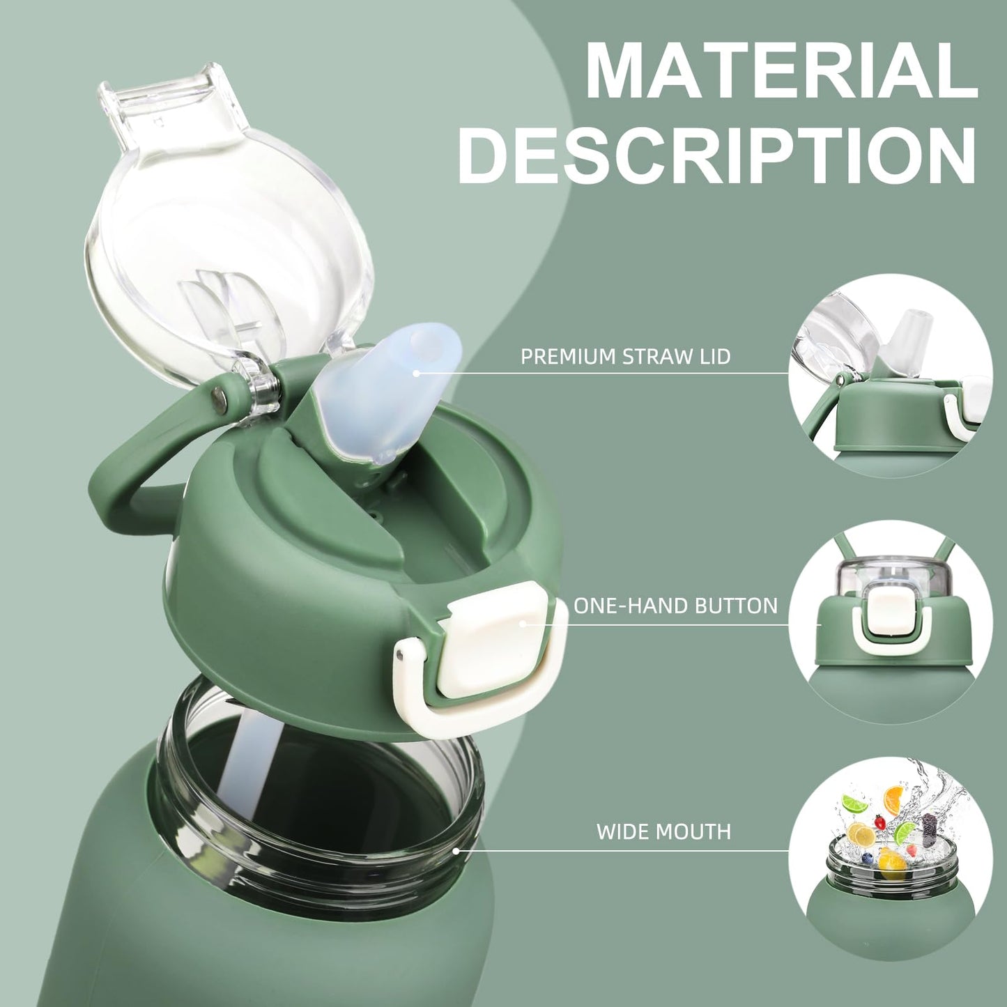 chunmo 32 oz Glass Water Bottles with 2 Lids-Handle Spout Lid & Straw Lid, 1 Liter Motivational Borosilicate Water Bottle with Time Marker and Silicone Sleeve,Leakproof-Olive-1 Pack