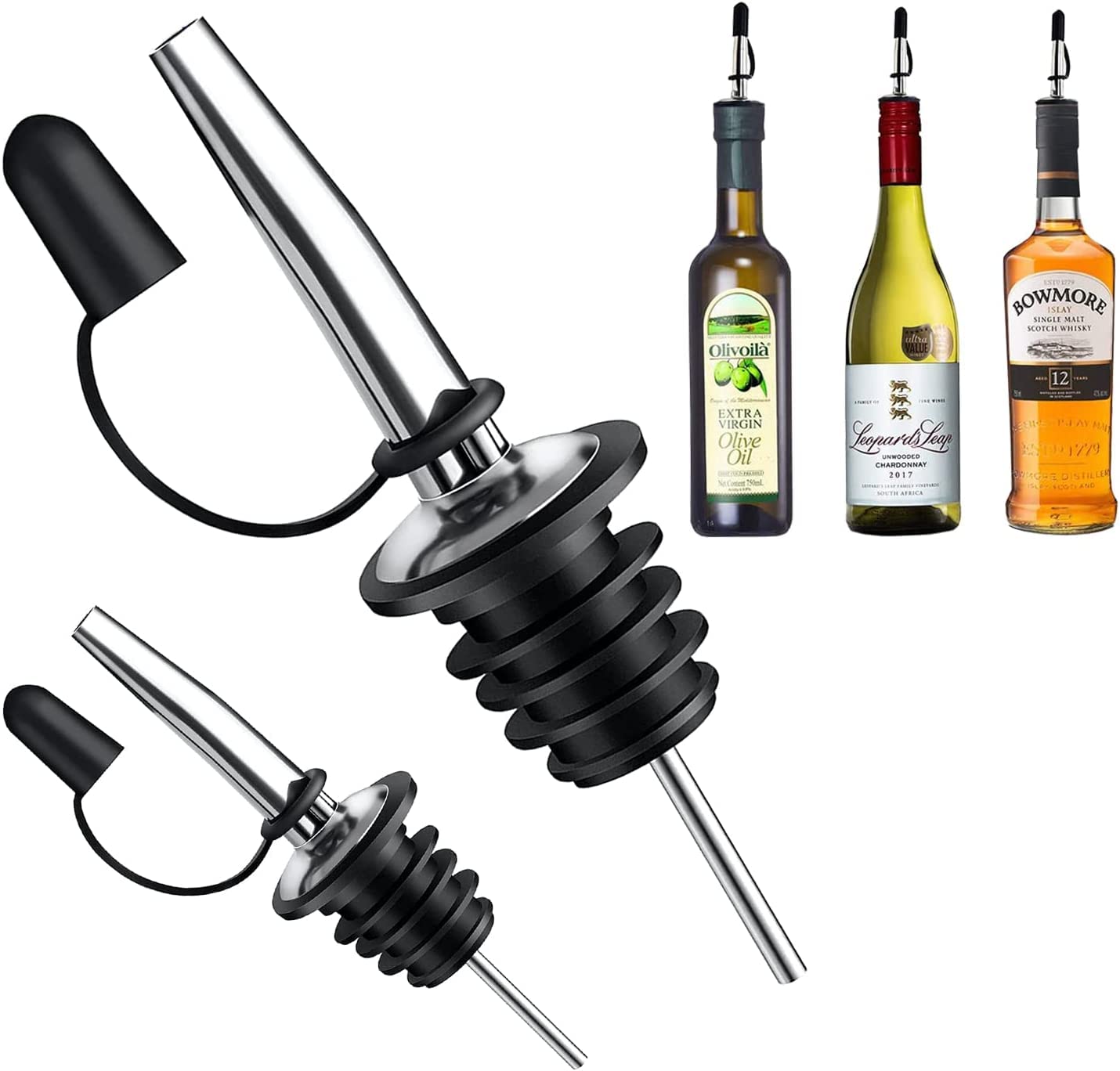 Pafusen 6 Pack Liquor Bottle Pourers, Liquor Pour Spout for Liquor Bottles, Stainless Steel Olive oil Dispenser Spout, Alcohol Pourer Spouts Dust Caps Covers Fixed, Sliver