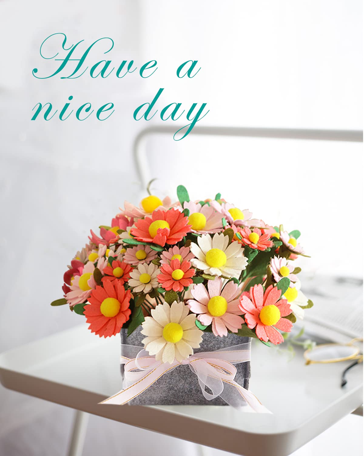BAZIMA DIY Felt Flower Art Craft Kit, DIY Daisy Bouquet Kit, Floral Gifts, Beginner Craft Kit, Arrange Pre-Cut Flowers and Foliage