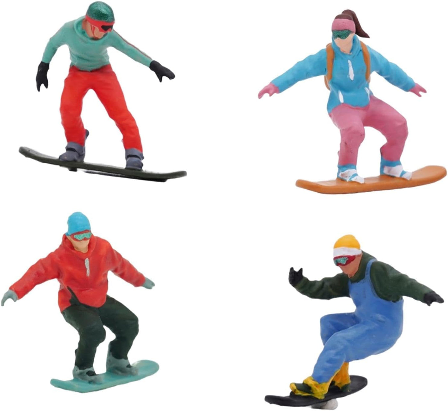 Menolana Miniature Skier Figurines - 4Pcs 1/64 Scale Snowboarding Models for Dollhouse & Railway Decor