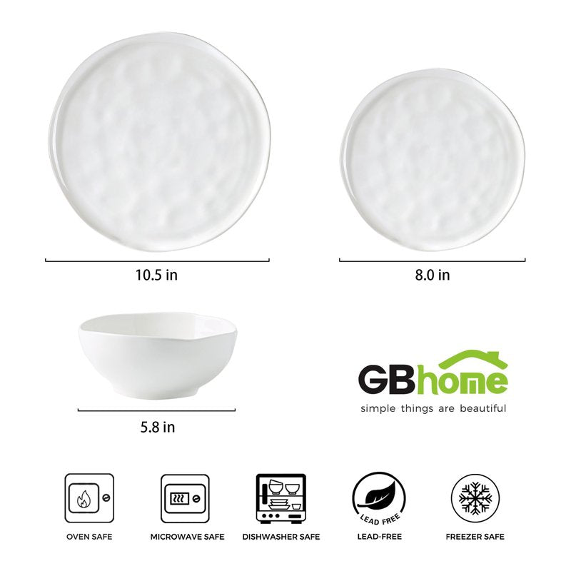 GBHOME Ceramic Dinnerware Sets for 4, 12 Pieces Porcelain Lightweight Plates and Bowls Sets, Scratch Resistant Dish Set, Oven & Microwave & Dishwasher Safe, Angel White