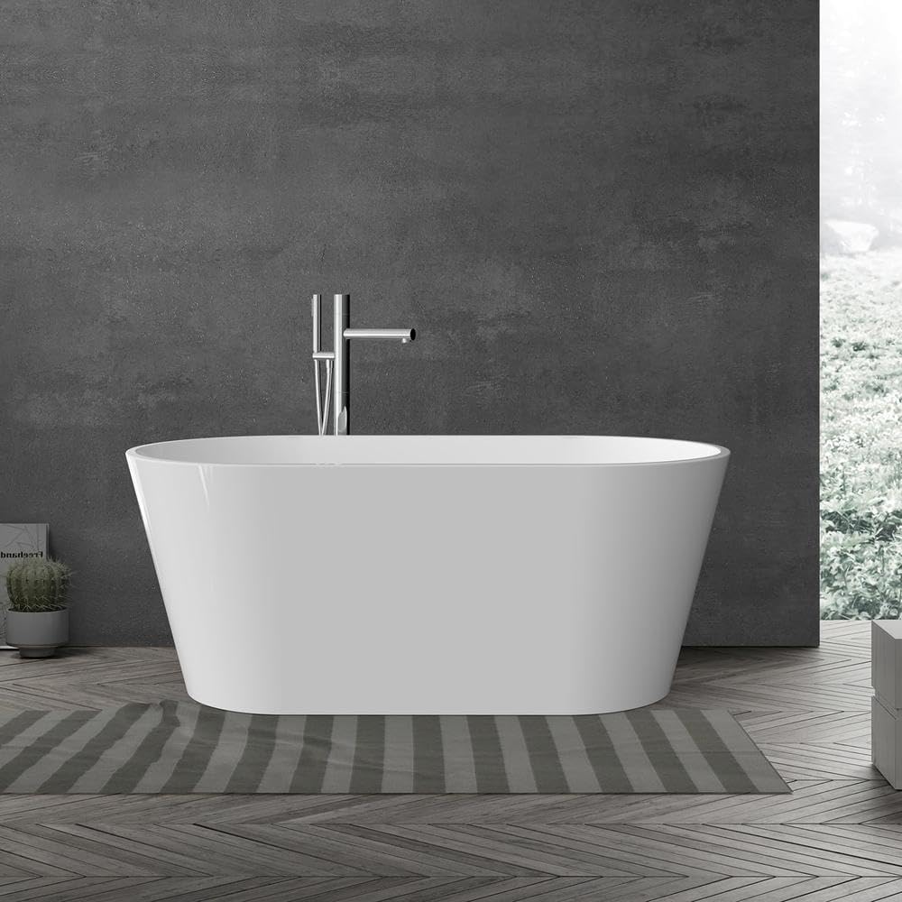59 Inch Freestanding Bathtub, Acrylic Free Standing Bath Tub with Integrated Overflow & Drain, Modern Oval Stand Alone Tub for Home Spa, White