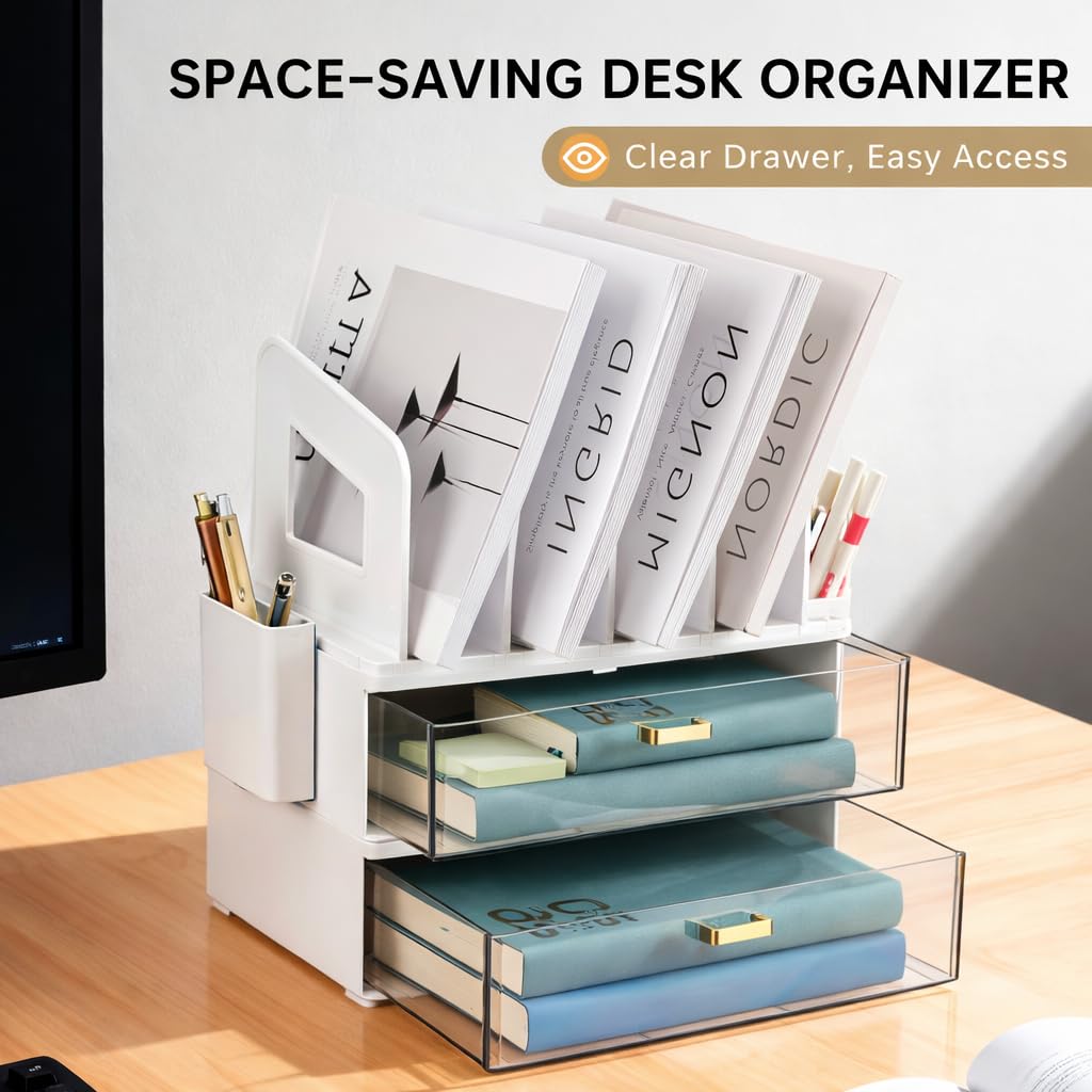 CiWiVOKi White Desk Organizer with 4 File Holder Slots, 2 Clear Drawers & Dual Pen Holders, Sturdy Multi-Functional Desktop Storage for Home Office, Mail Sorter & Caddy