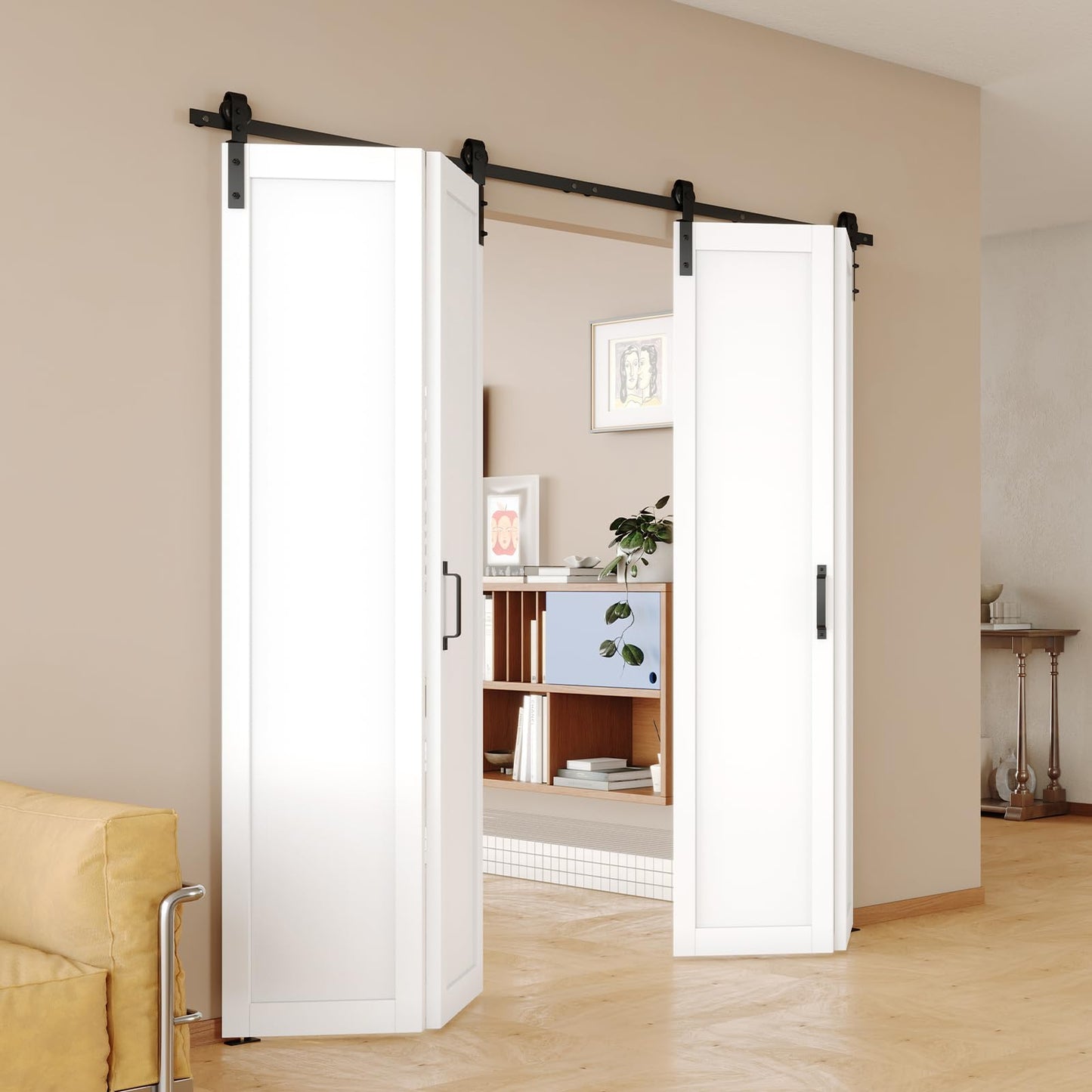 SOLRIG Bifold Barn Door, 1-Panel Sliding Barn Door for 30"(15" x2) x 84" Openings, Interior Folding Door with Sliding Hardware Kit Set, Finished Closet Door Slab, 2.83FT Track for 2 Doors, MDF, White