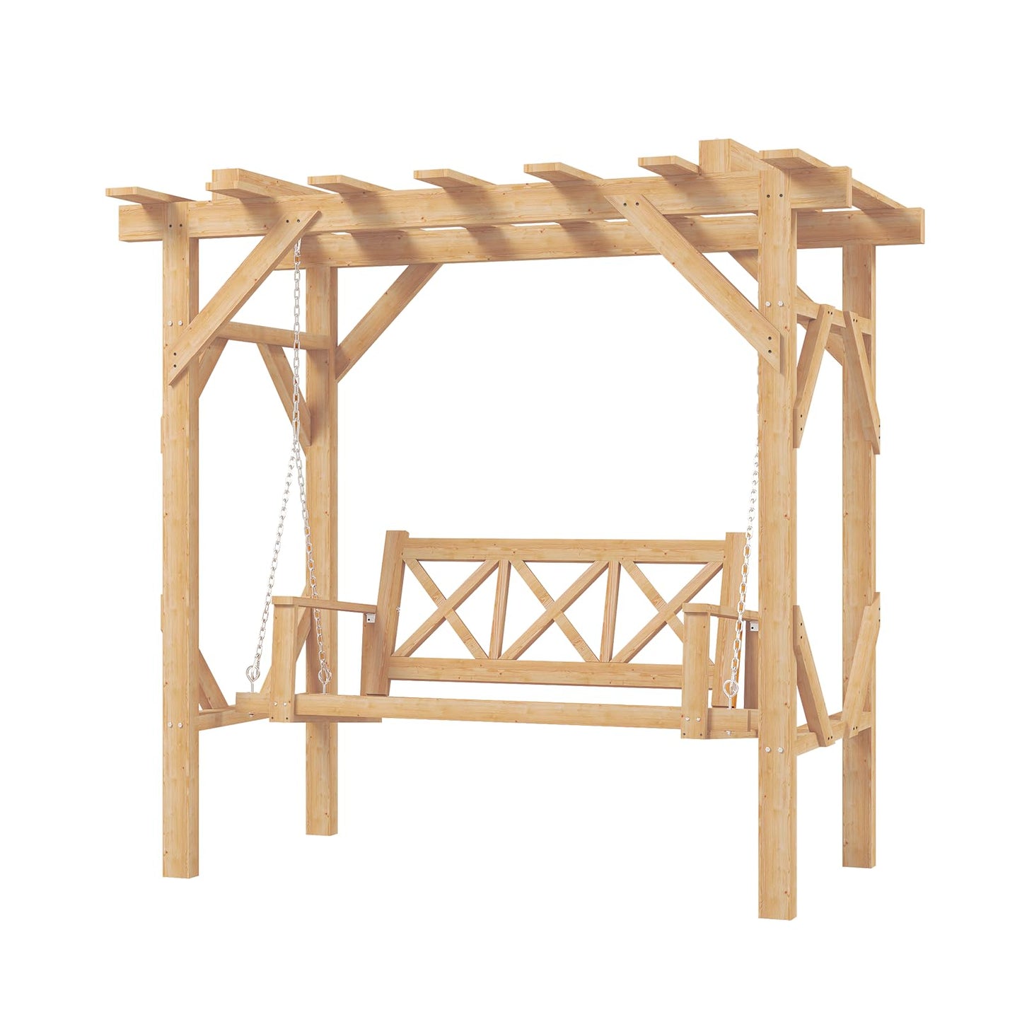 Aoxun Cedar Wood Outdoor Pergola Swing Bench, Porch Swing with Stand, 3-Seat Hammock Patio Swing Set with Canopy,Metal Chains for Backyard, Garden, Natural