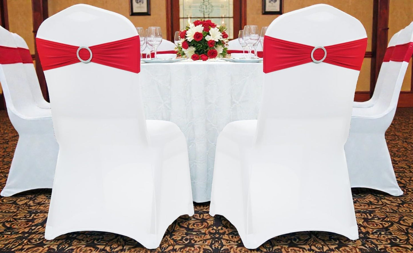 MDS Spandex Chair Sashes - 150 Universal Elastic Stretch Bands with Buckle Slider Bow | Red