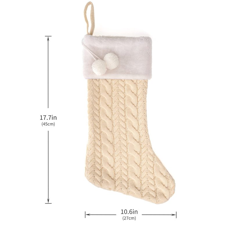 XAMSHOR Knit Christmas Stockings with Pom Poms, 20 Inches Classic Christmas Hanging Stocking, Xmas Decorations, White