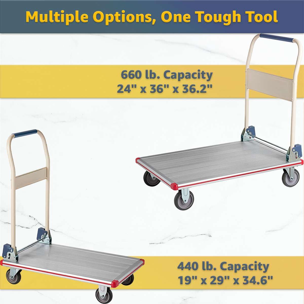 Aluminum Platform Truck 660 lb Capacity - Heavy-Duty Cart with Folding Handle, 5″ TPR Casters & Corner Protectors - 24″ x 36″ Utility Dolly for Warehouse, Shop, Office, Silver