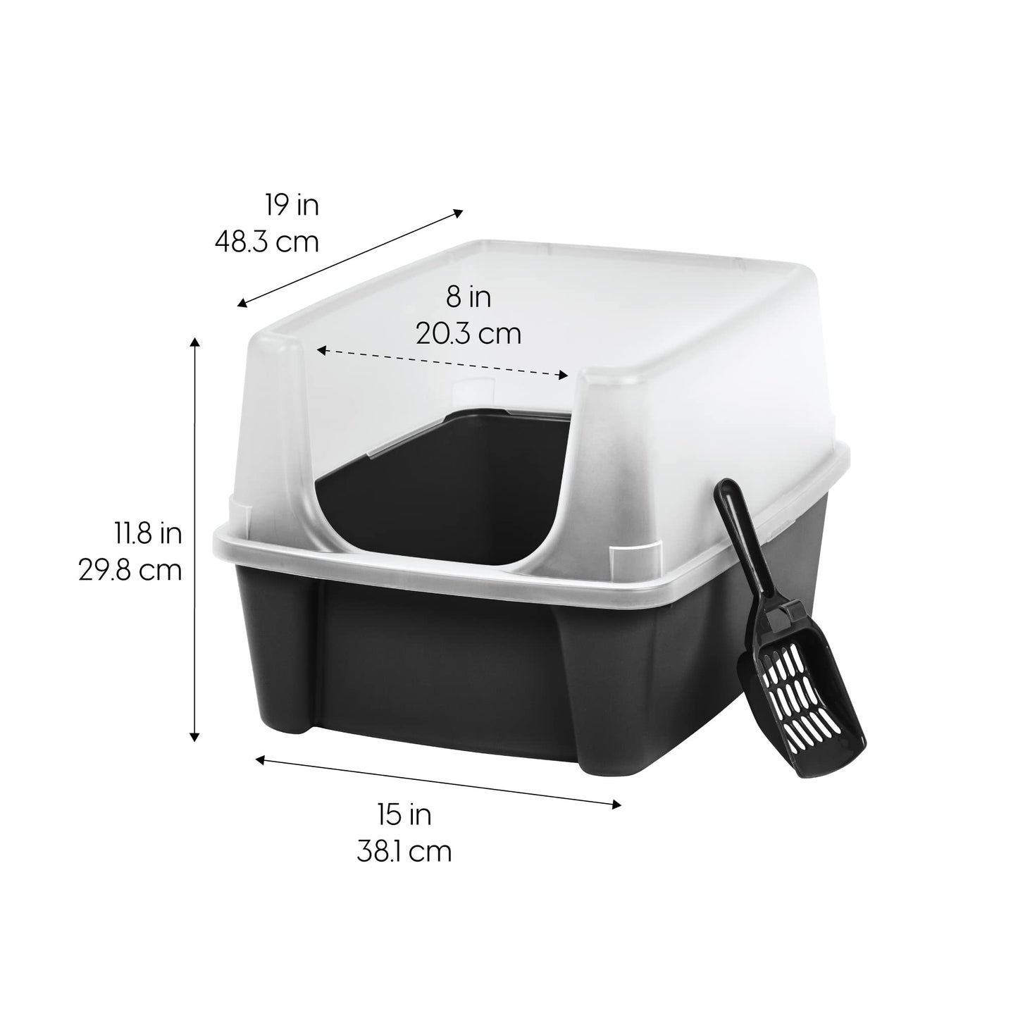 IRIS USA Large Open Top Cat Litter Box with High Sides, Scatter Shield & Scoop, Black - Easy Clean Plastic Litter Pan for Indoor Cats, Kittens or Multicat Homes
