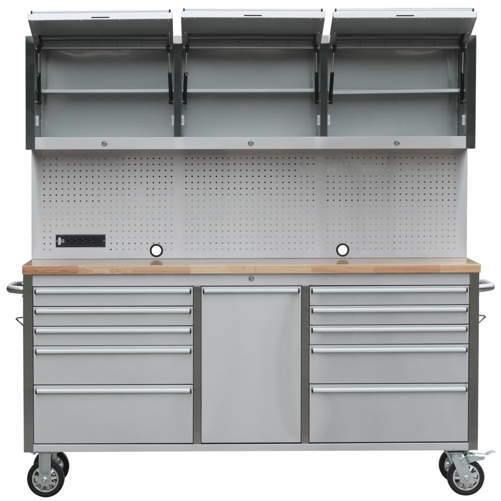 UYRIE 72" Stainless Steel Rolling Tool Chest with 11 Drawers + 3 Upper Cabinets, Large Lockable Storage Cabinet, Mobile Workbench with Wheels for Garage Workshop (1 × HTC7214W1)