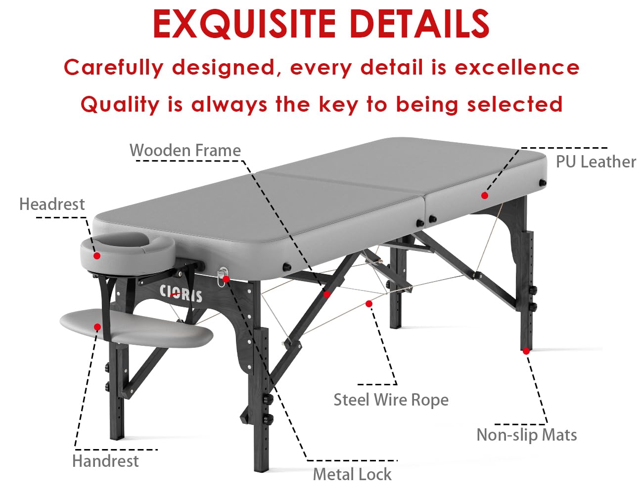 CLORIS 84" Professional Massage Table Portable Reinforced Wooden Leg 2 Folding Lightweight Spa Salon Tattoo Massage Bed Height Adjustable Hold Up to 1100LBS with Carrying Bag Grey