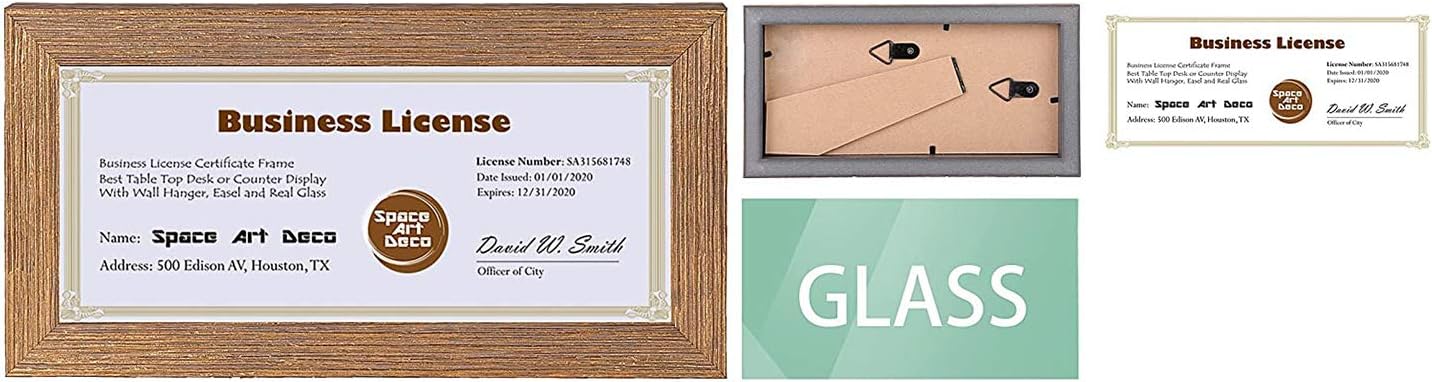 Space Art Deco, 4x9 Gold Textured Frame for Business License/Certificates, Tempered Glass, 1-Pack