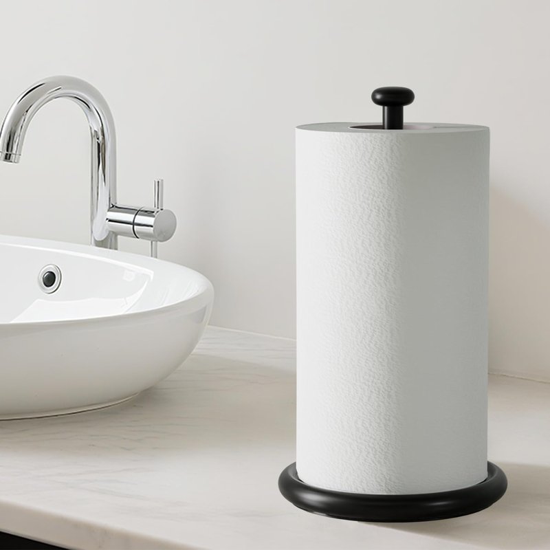 VEHHE Paper Towel Holder Countertop with Weighted Base, One-Handed Tear Paper Towel Holder with Damping Function and EVA Non-Slip Pad for Bathroom and Kitchen (Black)