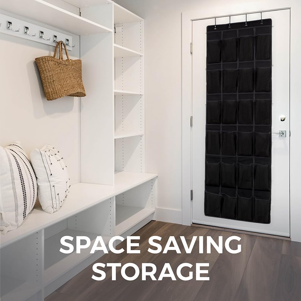 HOME GENIE Over The Door Shoe Organizer, 24 Breathable Mesh Pockets, Closet Rack Storage Holder