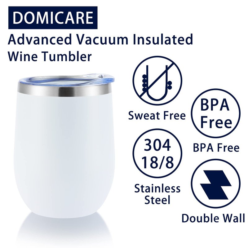 DOMICARE Stainless Steel Wine Tumbler Bulk with Lid, Personalized White Insulated Tumblers Set, 12oz Travel Coffee Cups Pack of 16