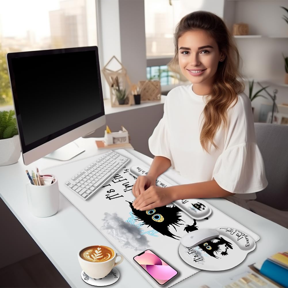 LIMKRIAN Desk Mat Set, Large Gaming Mouse Pad with Wrist Rest, Ergonomic Mouse Pad Keyboard Mat Wrist Support, Cup Coaster, Home Office Desk Accessories Decor Supplies, Funny Black Cat