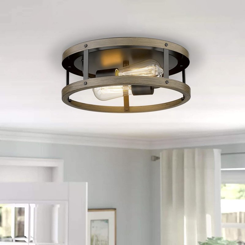 EAPUDUN Farmhouse Flush Mount Ceiling Light, 13" Imitation Wood 2-Light Fixture, Retro Style Lamp for Hallway, Entryway, Bedroom, Kitchen, Dining Room (FMA1138-FBDT)