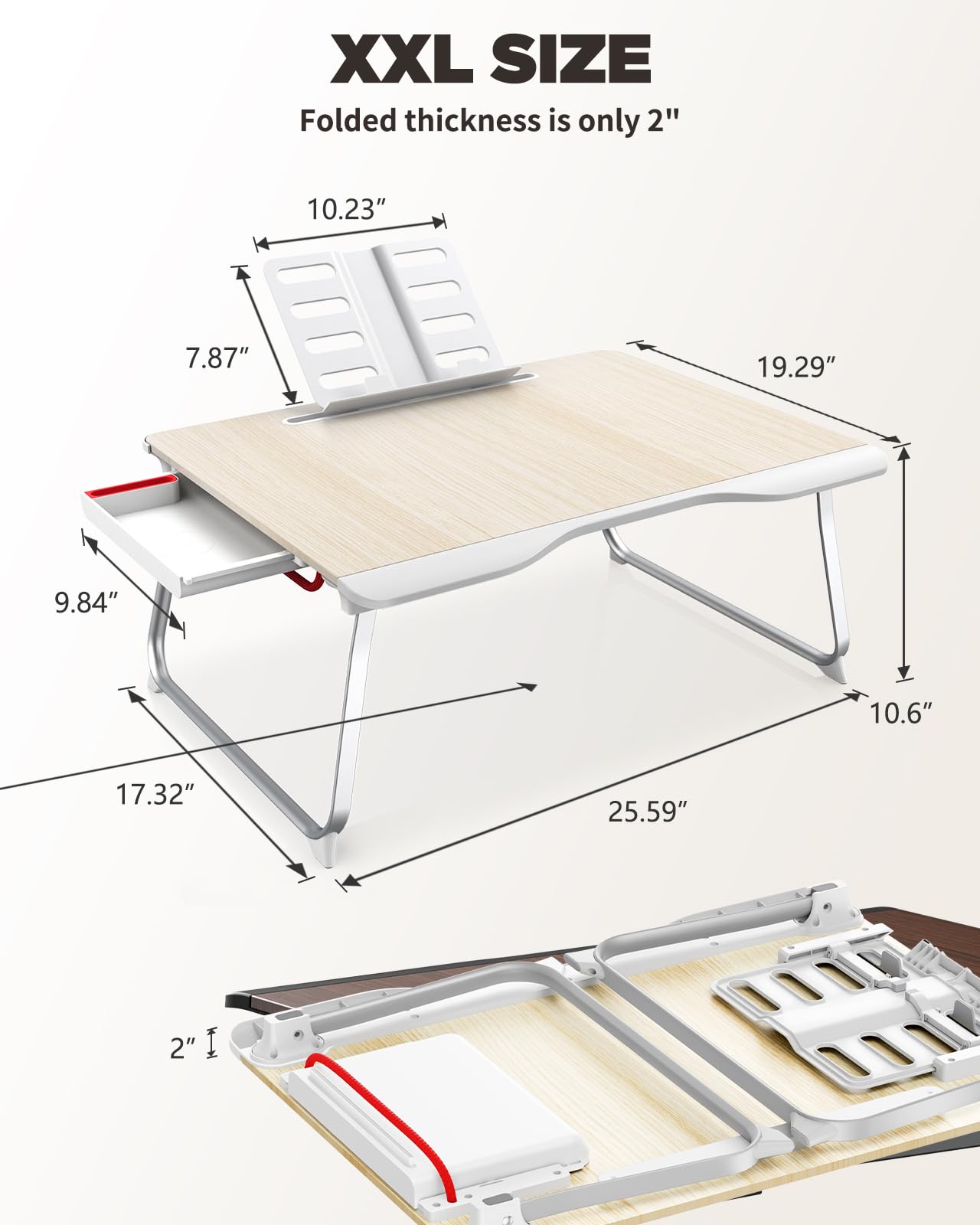 SAIJI Folding Bed Desk for Laptop, Eating Breakfast, Writing, Gaming, Extra Large 25.6" x 19.3" Portable Floor Stand Laptop Desk Table for Adult,Kids, Wood Bed Tray Table Lap Desk