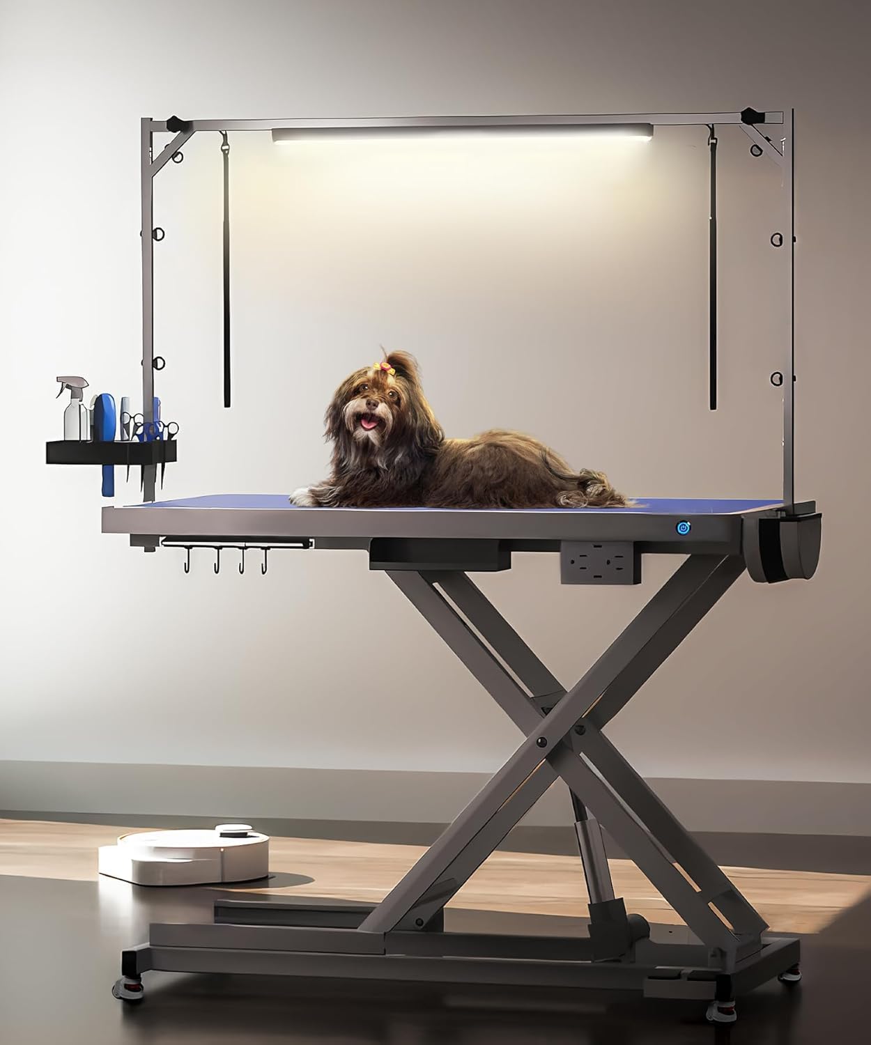 POLIMO LED Professional Electric Dog Grooming Table - 50" Heavy Duty Dog Grooming Station with LED, Button & Foot Control, Grooming Arm, Leveling Wheels, Anti-Slip Top & Tool Organizer (50", White)