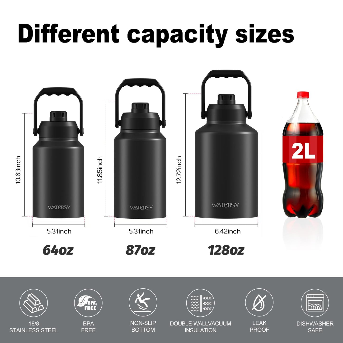 WATERSY 1 Gallon Water Bottle Insulated(Cold for 48 Hrs),BPA Free&Leak Proof,128oz Stainless Steel Water Jug with Handle for Gym,Hiking,Camping&Travel,Black Large Thermo