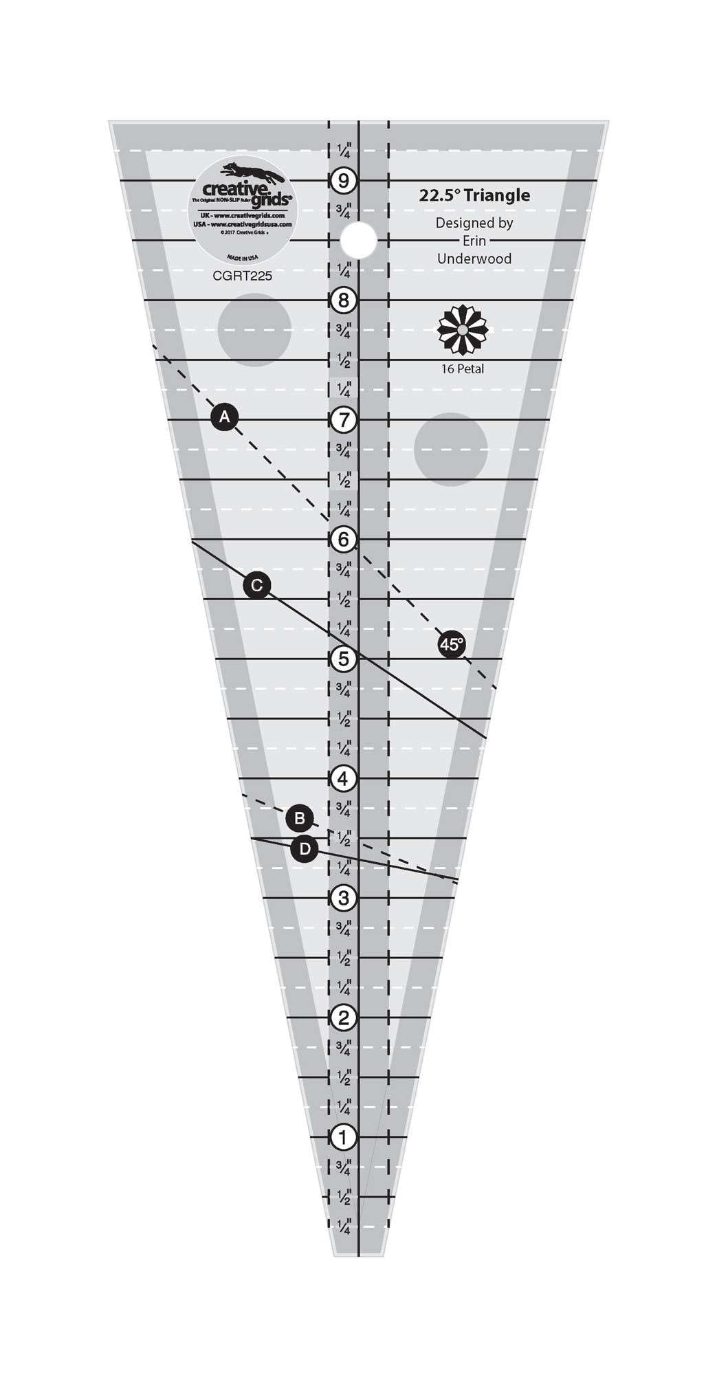 Creative Grids 22-1/2 Degree Triangle Ruler– CGRT225 – Made in USA, 4-1/4in x 9-1/2in, Non-Slip Grip Acrylic Quilting, Sewing, Crafting, Patchwork Ruler & Template
