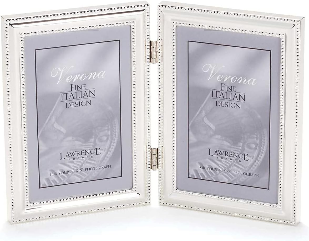 Lawrence Frames 4 by 6-Inch Hinged Double Metal Picture Frame, Silver-Plate with Delicate Beading (Vertical)