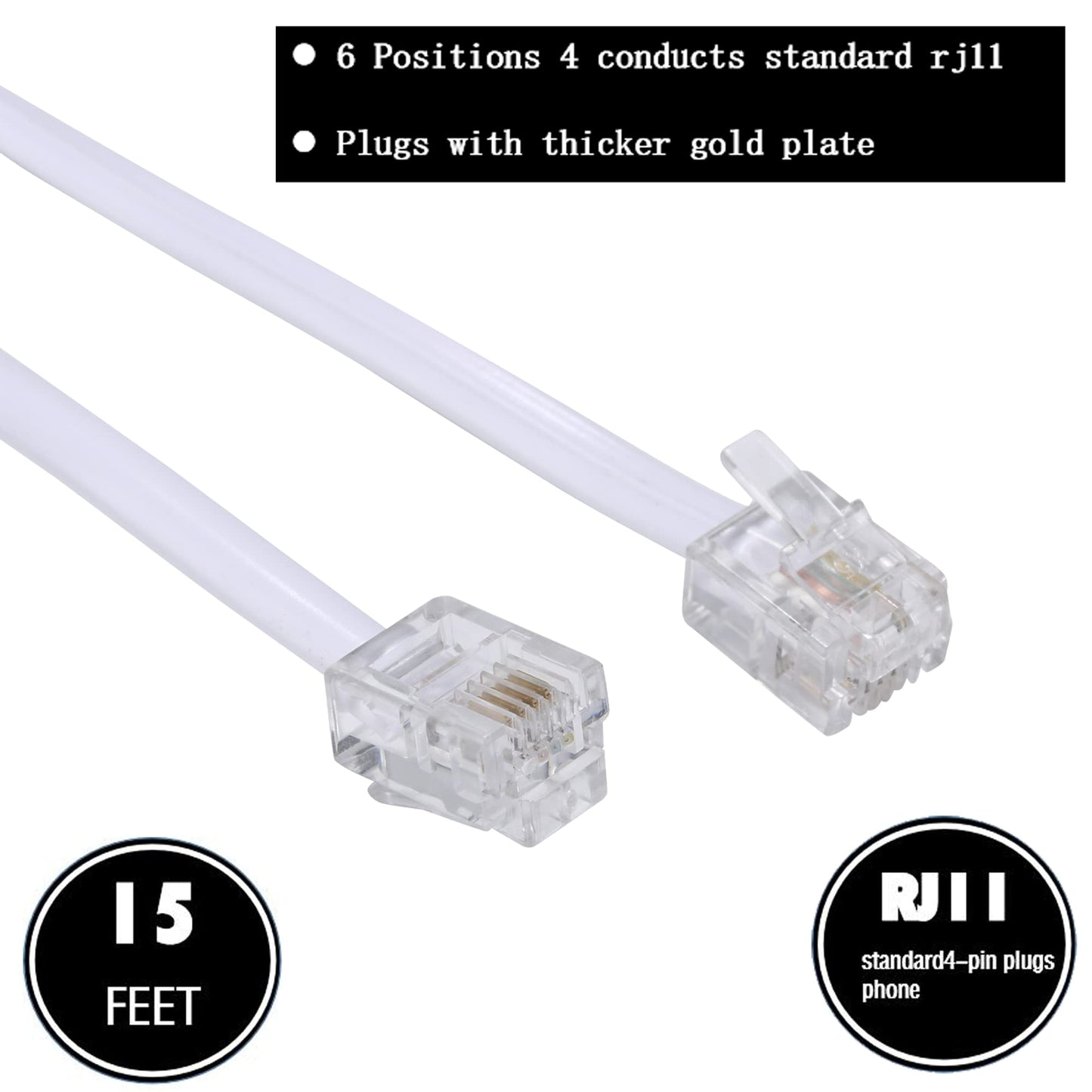 Ubramac 15 Feet Long Telephone Extension Cord Phone Cable Line Wire, with Standard RJ11 Plug and 1 in-Line Couplers and 15 Cable Clip Holders-White