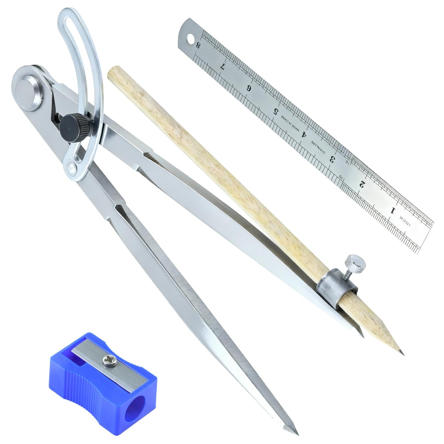 Kintuph 8-Inch Professional Woodworking Compass with Wing & Pencil Holder — Includes 8" Ruler and Pencil Sharpener Perfect for Accurate Circles, Layouts, and Geometric Designs