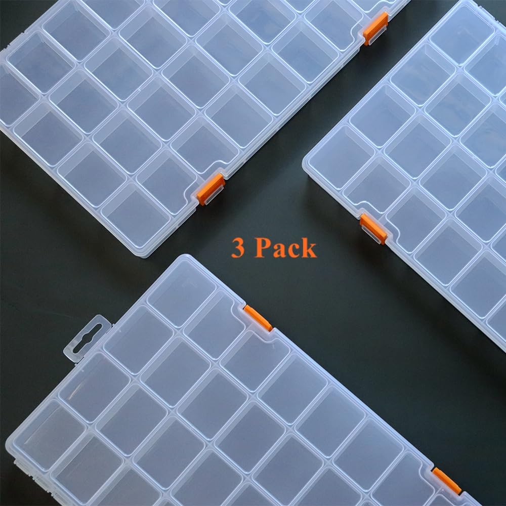 BangQiao 3 Pack 36 Grids Clear Plastic Storage Box with Dividers, Transparent Organizer Container Case for Small Parts, Bead, Button, Jewelry, Diamond, Craft Supplies,Sewing Kit, DIY Accessories