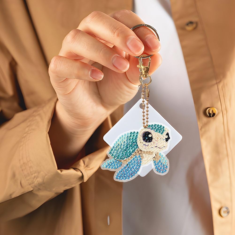 YUE ZHE 6 PCS Sea Turtle Diamond Art Kits for Adults Double Sided Diamond Art Keychains Animal DIY 5D Painting Keychains Kits for Adults Beginners DIY Crafts