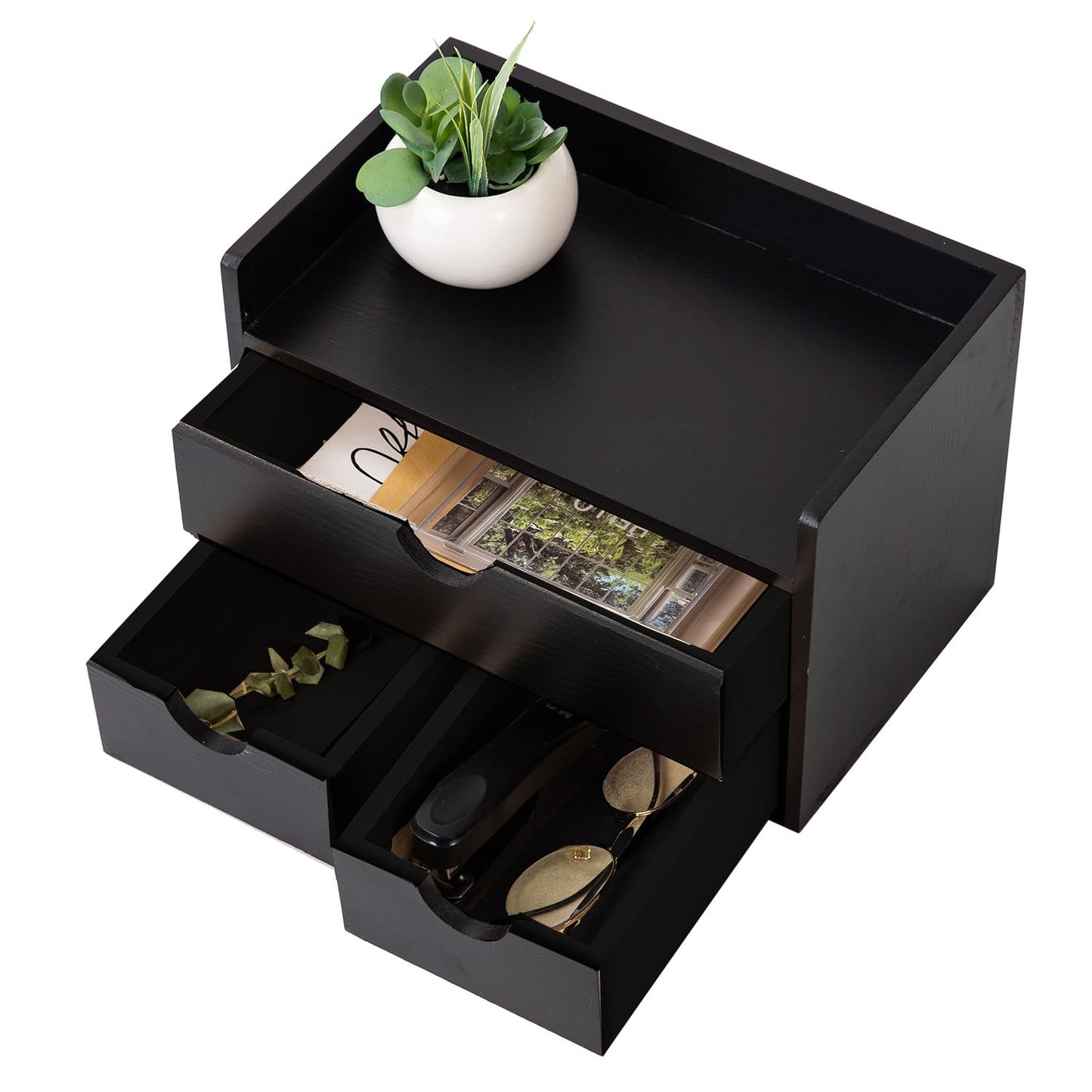Rustic Distressed white 3-Tier Wood Desk Organizer with 3 Drawers Mini Storage Shelf For Desk, Toiletries Vanity Office Supplies (Black)