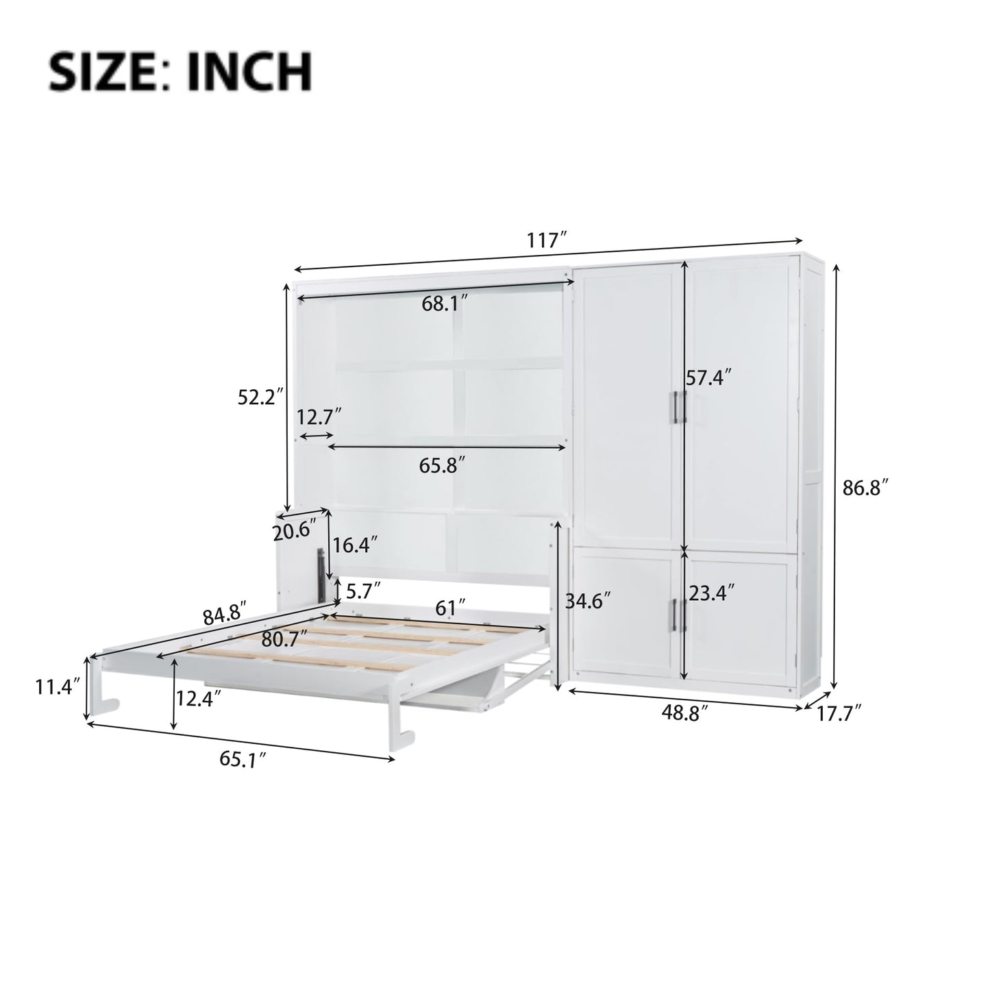 Merax Queen Size Murphy Bed Wall Bed with Closet and Wardrobe Storage for Bedroom,White