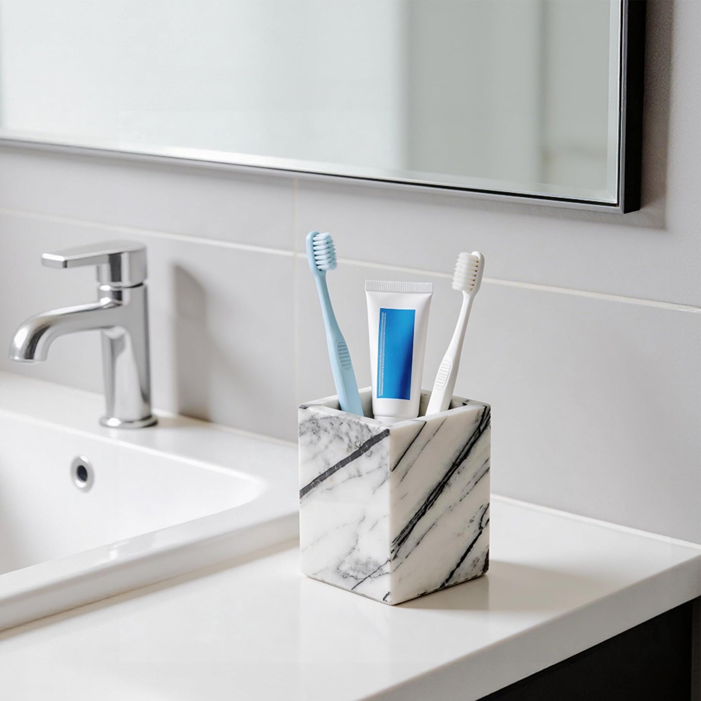 WORHE Natural Lilac Marble Toothbrush Holder 3.93Inch Solid Stone Makeup Brush Organizer, Luxurious Pen Holder, Square Utensil Storage Container for Bathroom, Office, Countertop Home Decor (WH097)