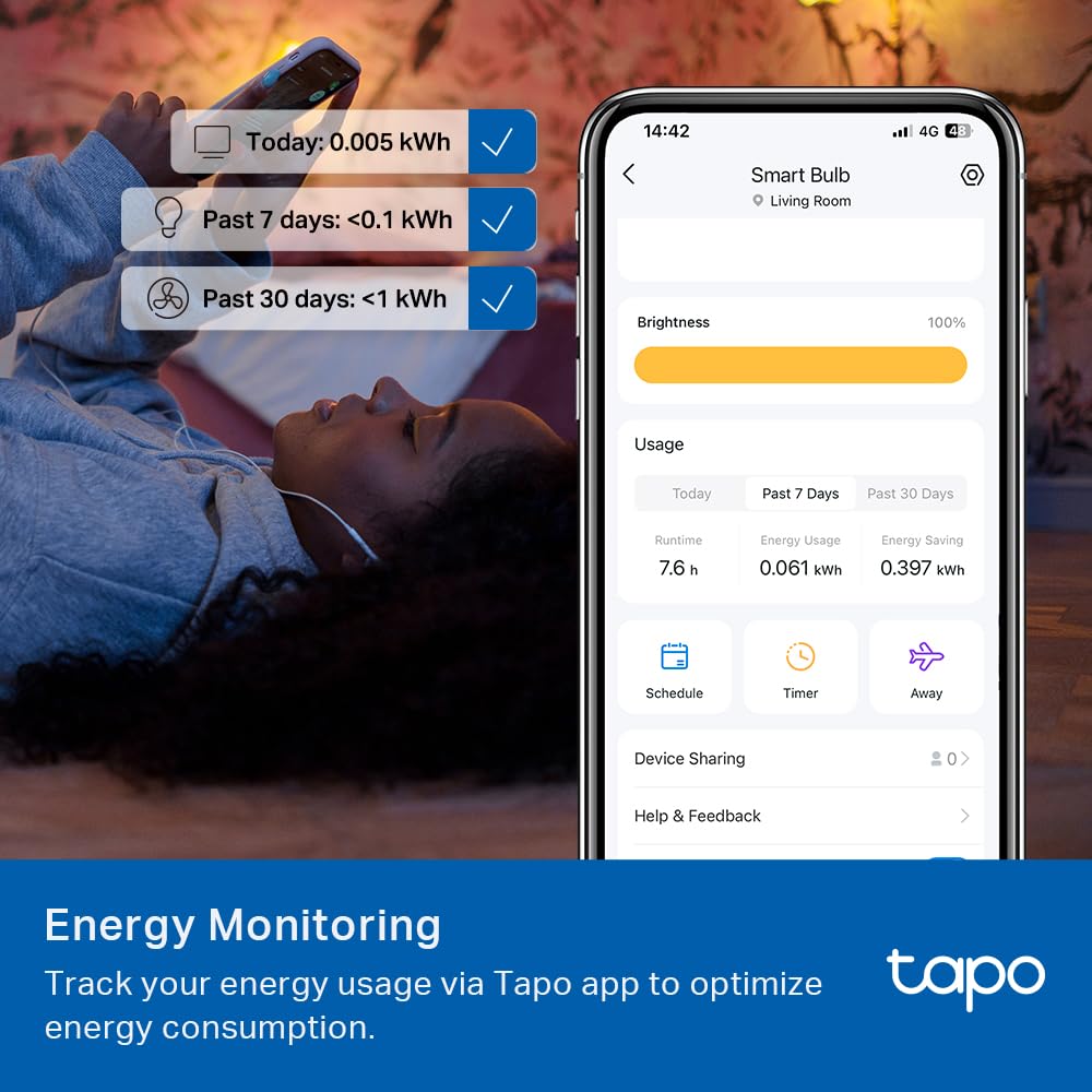 Tapo TP-Link Smart Light Bulbs - Natural Daylight, Dimmable, Compatible w/Alexa and Google Home, A60 Bulb/E27 Base, 60W Equivalent, 800LM CRI>90, 2.4GHz WiFi Only, No Hub Required, L520E(4-Pack)