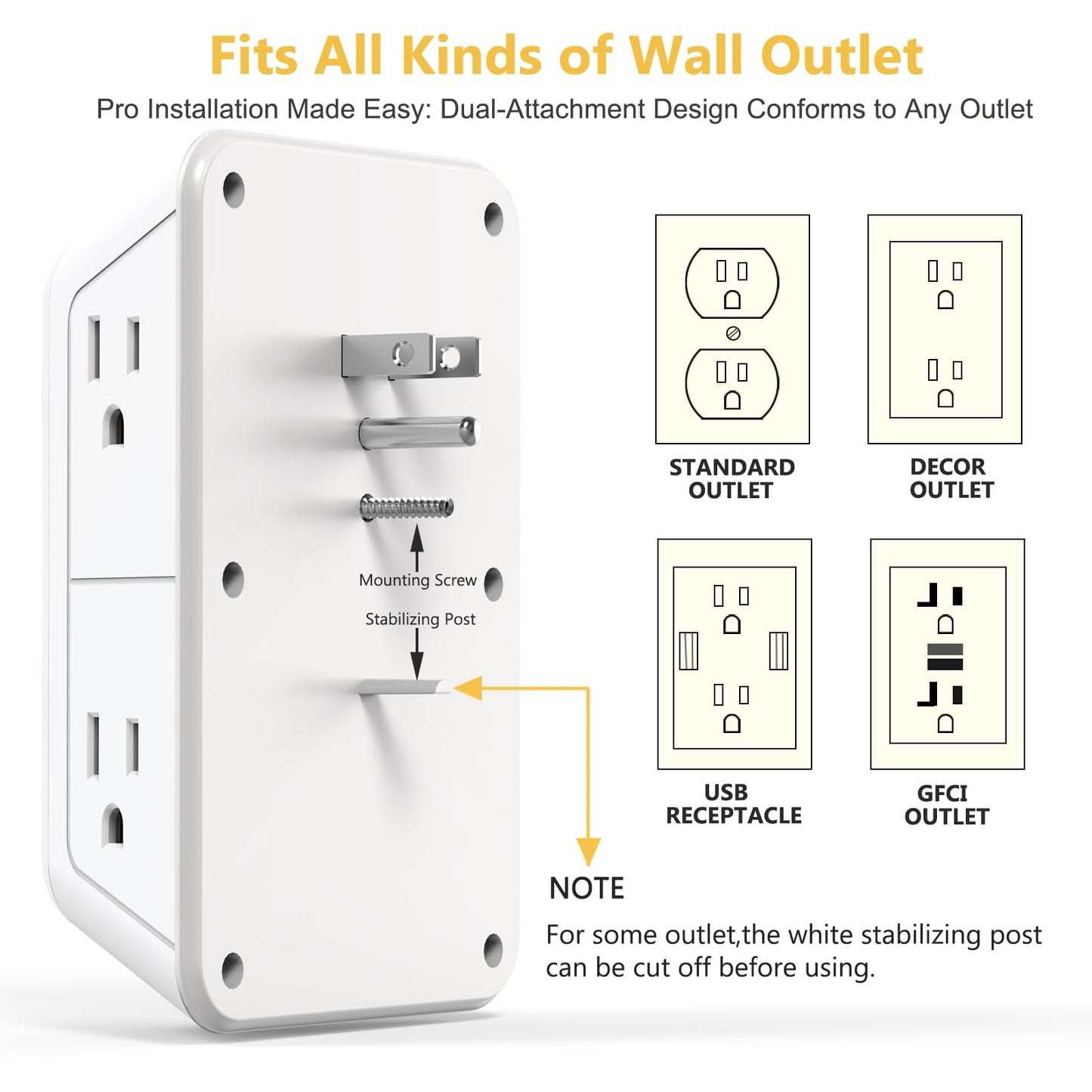 Wall Outlet Extender with Night Light, Power Plug Adapter 6 Outlet Extender with 4 USB Charging Ports 1050J Power Strip Multi Plug Adapter Spaced for Home Travel Office (2U2C)