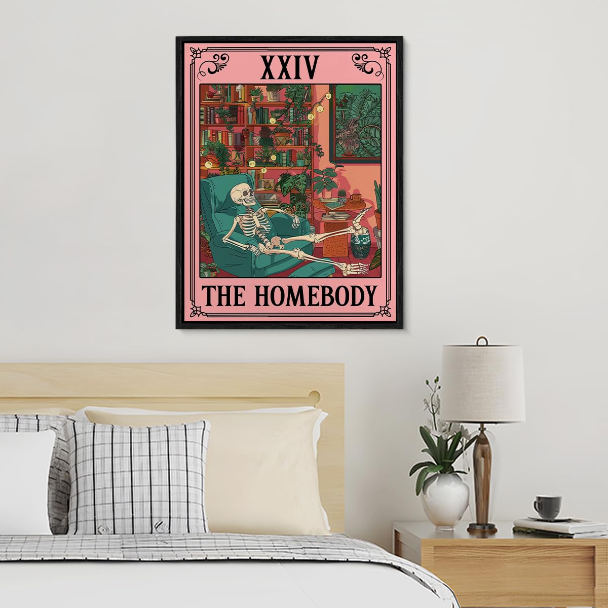 Spooky Framed Canvas Wall Art the Homebody Tarot Card Poster Print Wall Decor Sarcastic Skeleton Painting for Home Office Living Room Bedroom Decoration 11.5x15 Inches