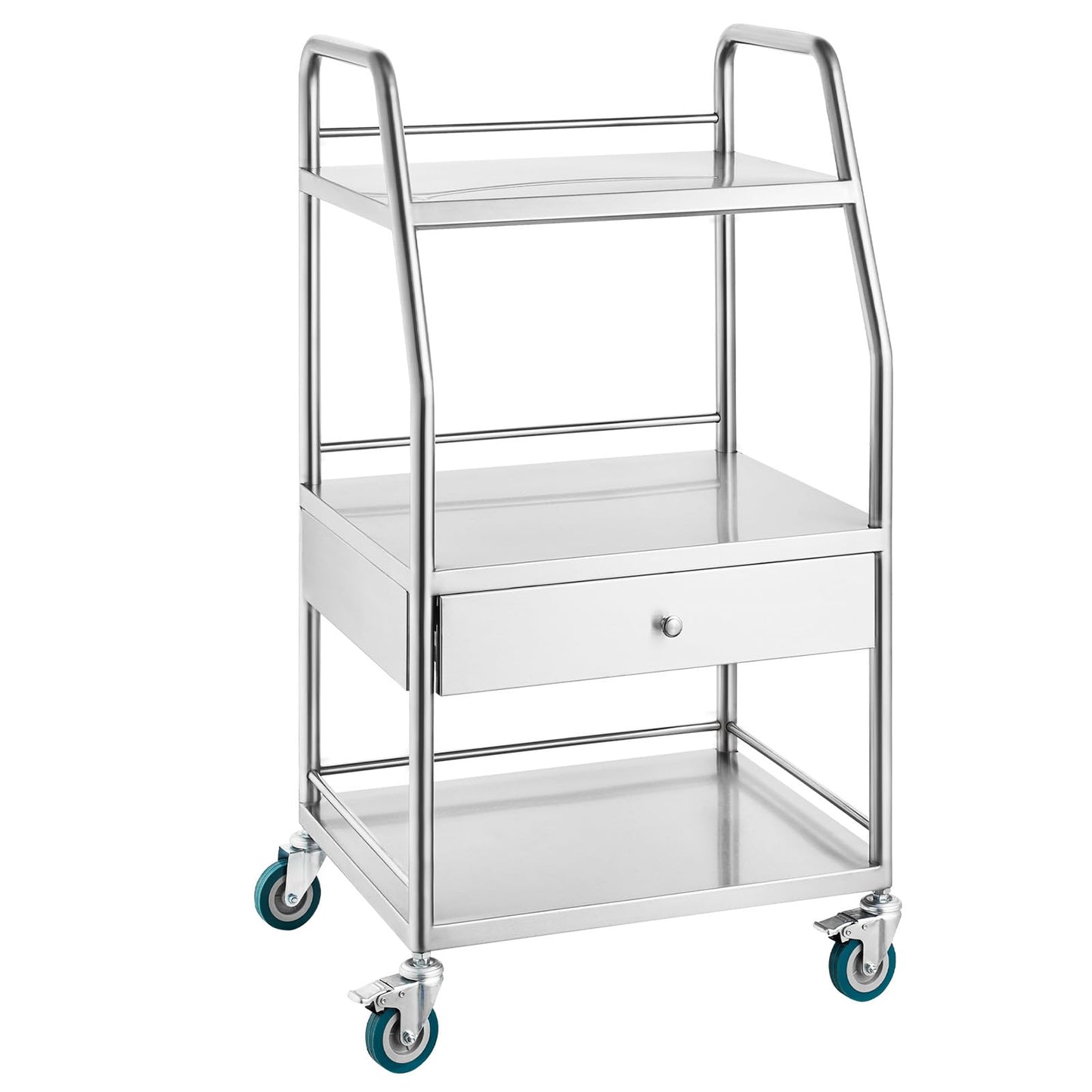 Happybuy Lab Serving Cart, 3-Tier Stainless Steel Utility Rolling Cart with Drawer, Medical & Dental Cart with Lockable Wheels, for Laboratory, Hospital, Clinic Use