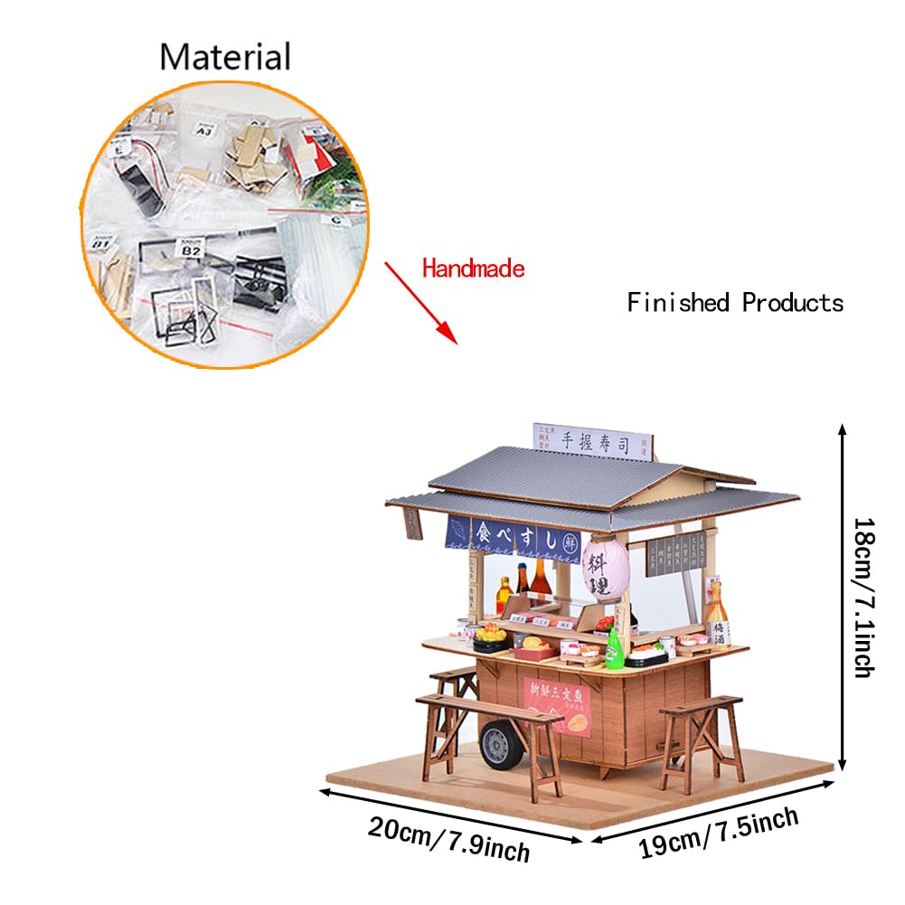 DIY Japanese Sushi Restaurant Food Truck Architectural Model Miniature Dollhouse Kit 3D Wooden Puzzle Mini Dollhouse with LED Lights and Dust Cover for Friends and Family