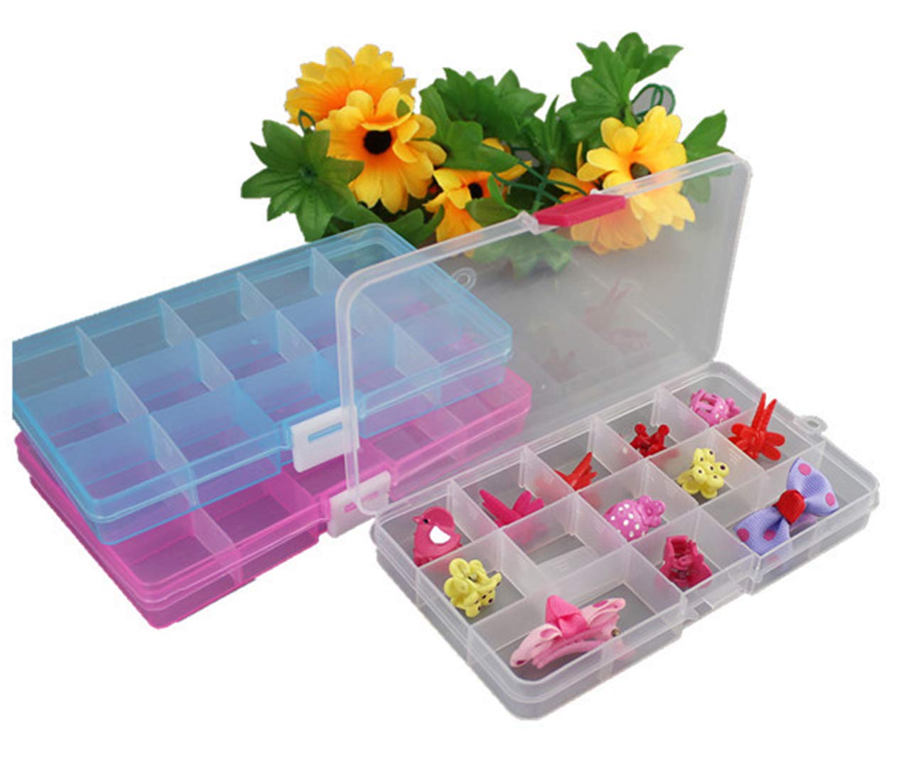 Lawei 15 Pack Plastic Jewelry Box - 15 Grid Organizer Storage Box with Adjustable Dividers Plastic Compartment Container for Bead Jewelry Craft Tackles