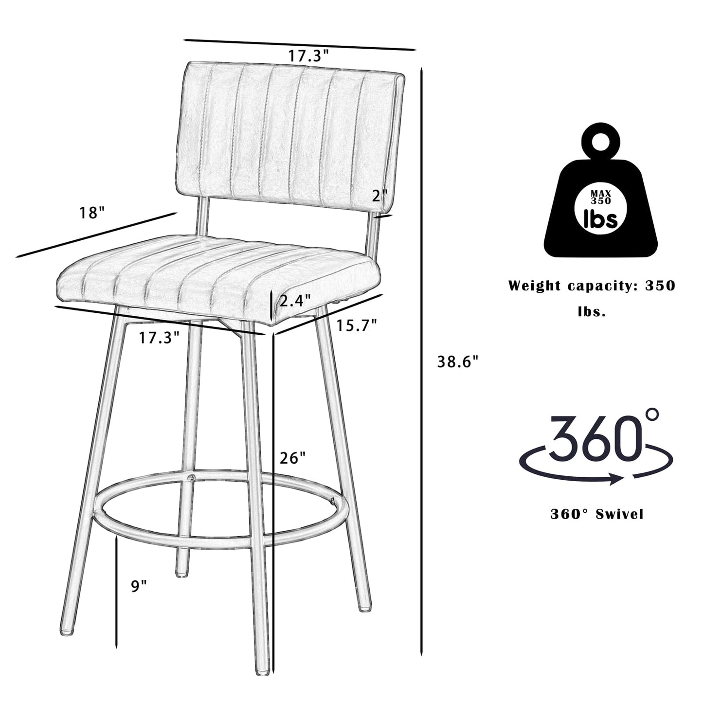MILCIL Swivel Counter Height Bar Stools with Back Set of 2, Upholstered 26'' Counter Stools with Metal Frame, Faux Leather Cognac
