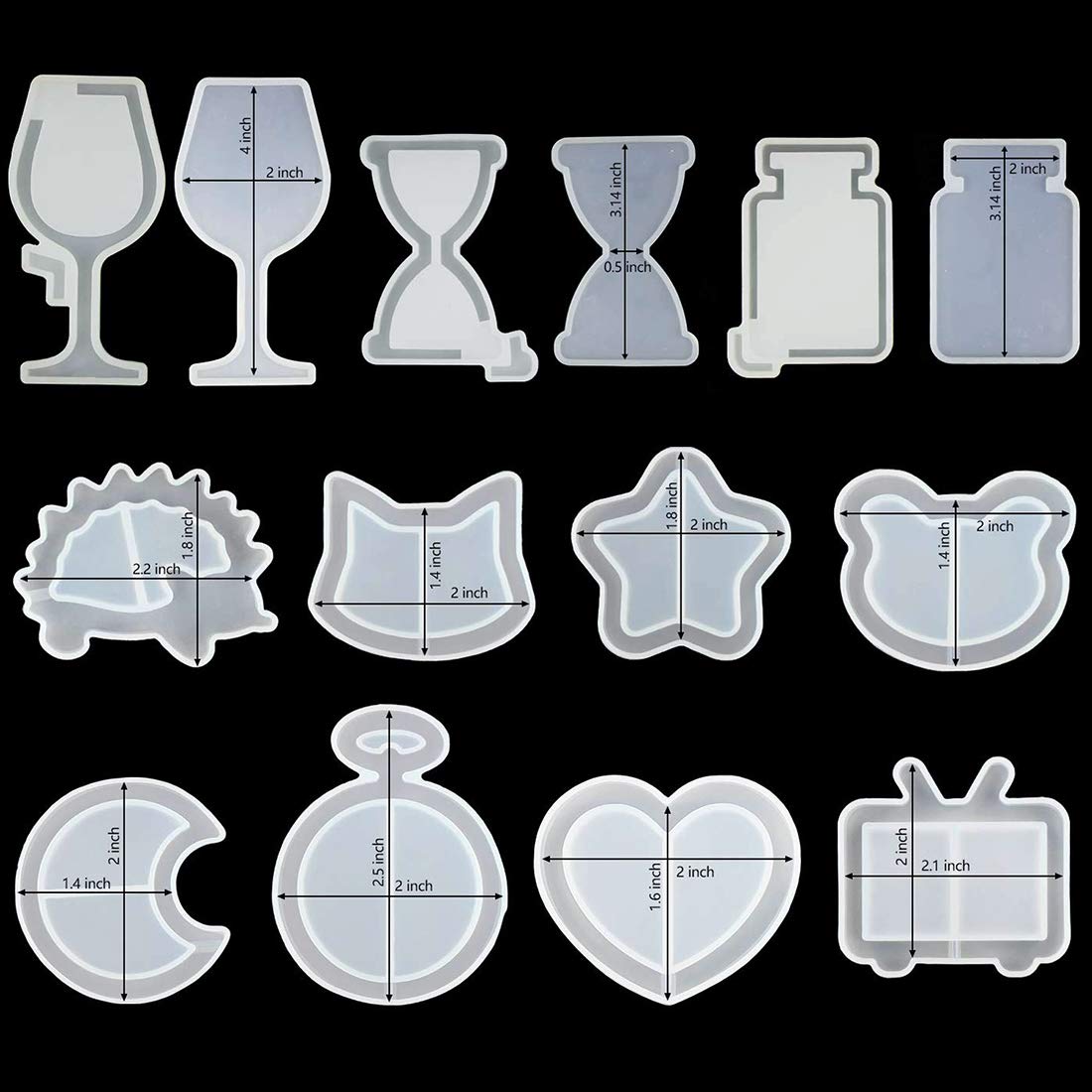 FineInno 11Pcs Quicksand Resin Casting Molds,Resin Art Shaker Mold, Crystal Silicone Hollow Mould Epoxy Pendant Mold Heart, Star, Moon,Bottle,Cat Head