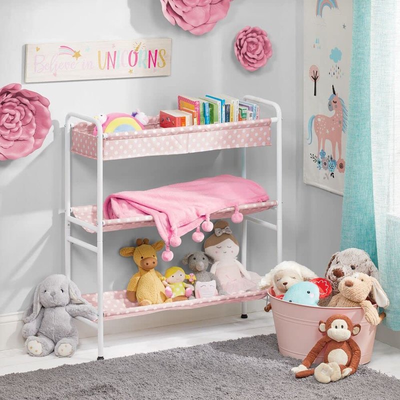 mDesign 3-Tier Metal Frame, Vertical Toy Storage Organizer Cart for Child/Kids Bedroom, Toy Room, Playroom - Holds Toys, Crayons, Building Blocks, Puzzles, Crafts, Books, Blankets - Pink/White