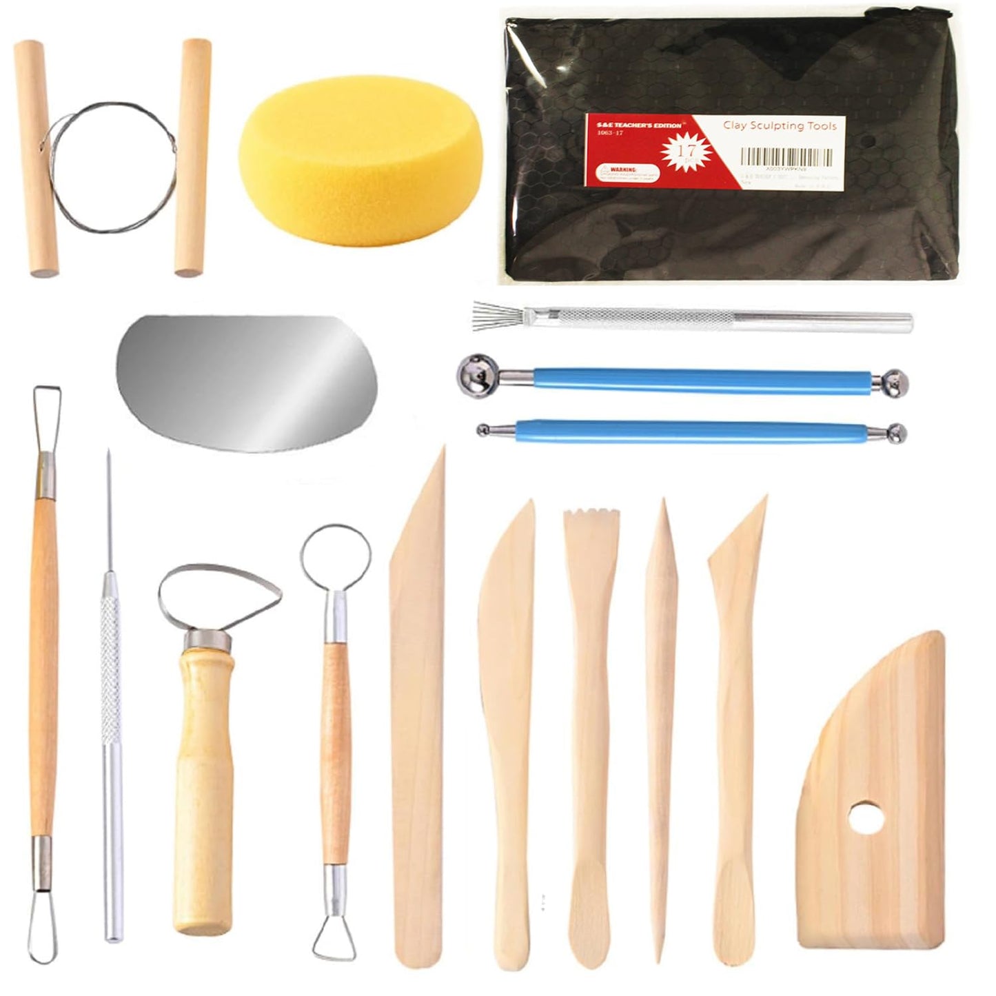 S & E TEACHER'S EDITION 17 Pcs Pottery & Clay Sculpting Tools, Double-Sided, Ceramics Tools Smooth Wooden Handles for Trimming, Embossing Pattern.