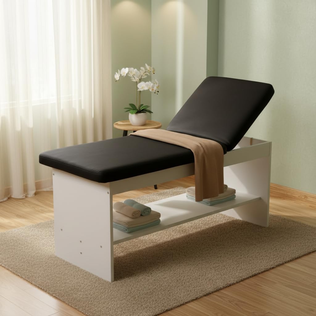 Carenovo Oak Wooden Medical Examination Table Non-Folding Professional Treatment Couch for Physiotherapy, Chiropractic & Clinic Use (Black, White)