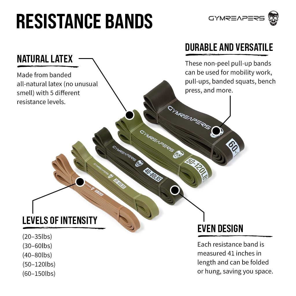 Gymreapers Pull up Resistance Bands for Weight Lifting, Pull Ups - Assistance Bands for Powerlifting, Stretching, WOD, Strength Training - for Men & Women (5 Bands - Military Set)