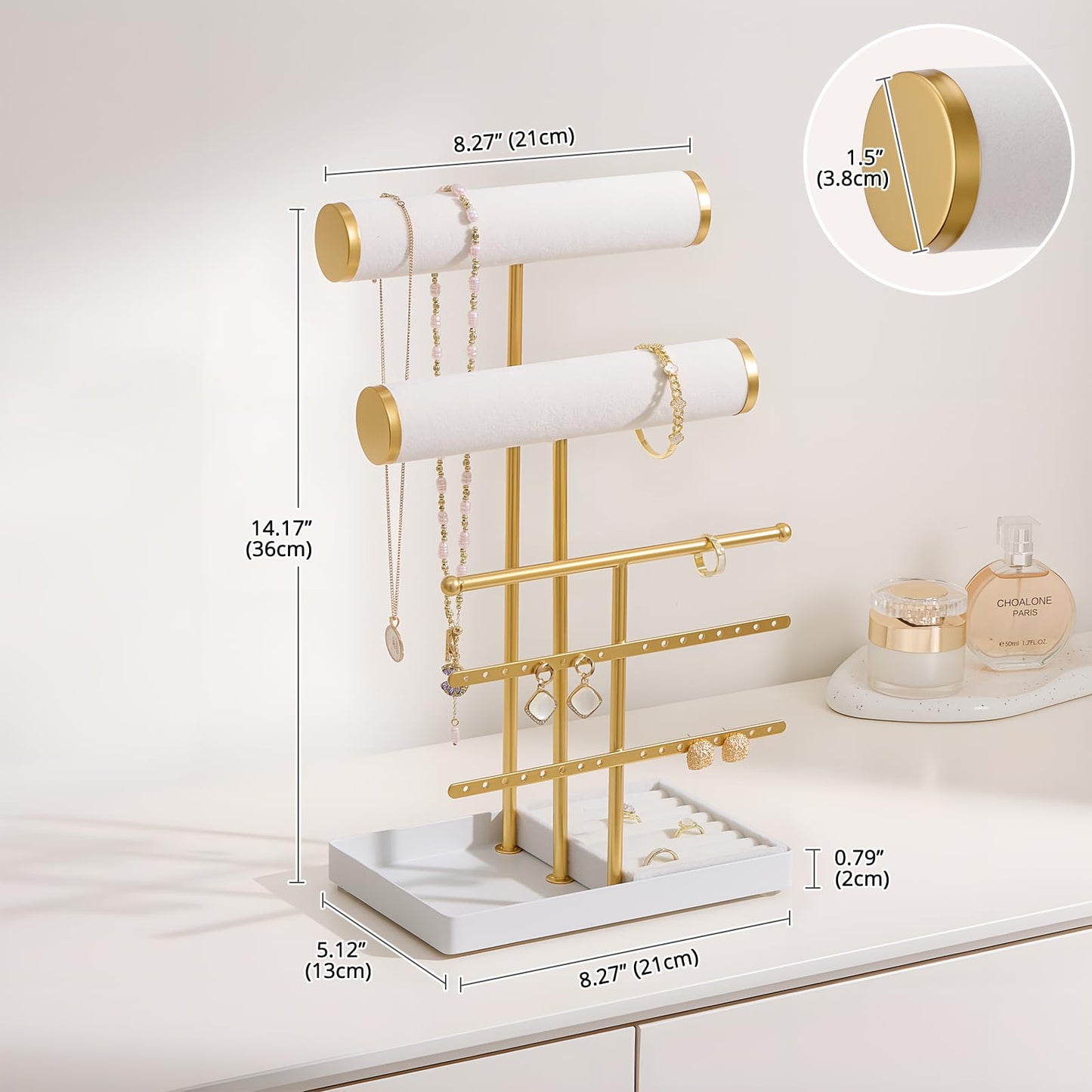 Lolalet Bracelet Display Stand Necklaces Holder, 5 Tiers Jewelry Organizer and Storage Rack with Velvet Slot and Metal Base, for Women Bangles Watches Ring Earrings -White